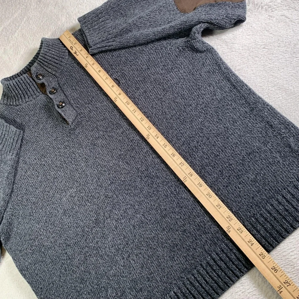 Chaps Sweater Mens Large Gray Henley Mock Neck Elbow‎ Patch Cotton Knit Pullover